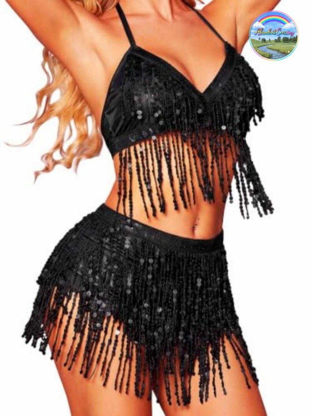 Sequin Fringe Belly Dance Skirt Set 2 Piece Tassel Hip Skirt for Women